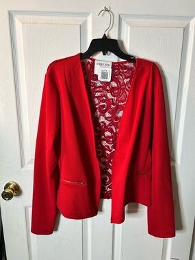 C'est Toi Red Lace-Back Open-Front Blazer